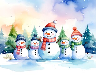 Fototapeta premium Watercolor snowmen family in winter scene
