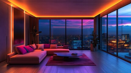 Modern luxury apartment living room with a stunning city view at sunset or sunrise