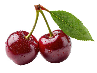Two juicy cherries with a leaf