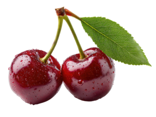 Two juicy cherries with a leaf