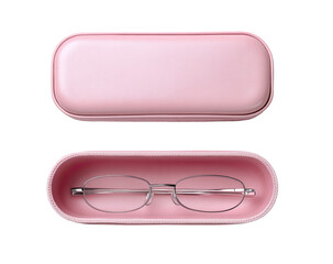 Pink eyeglasses case, open, showing glasses inside