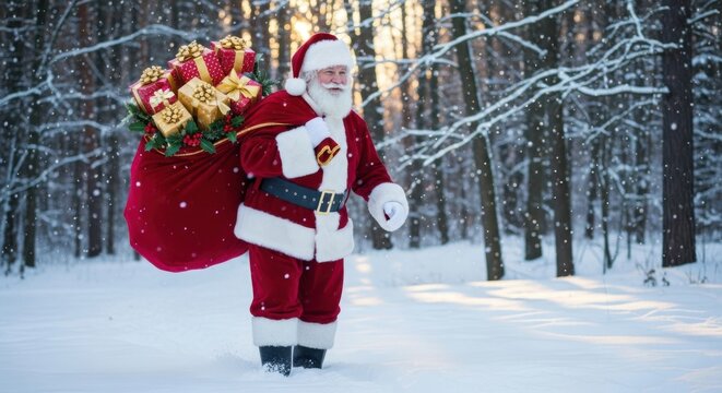 Santa Claus walking through a snowy forest carrying a sack of gifts