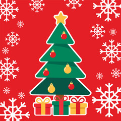 New Year card in red with a picture of a Christmas tree and snowflakes