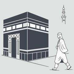 Illustration of the kaaba in mecca with a pilgrim walking towards it and a minaret in the background