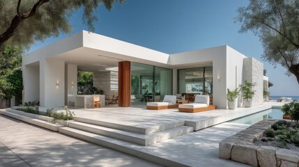 Fototapeta premium Modern minimalist architectural residence with clean lines, large glass windows, outdoor pool area, lounge chairs,