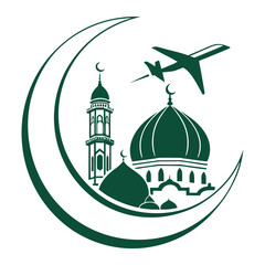 Vector art of islamic crescent moon with a mosque, minaret, and airplane inside, symbolizing travel and faith