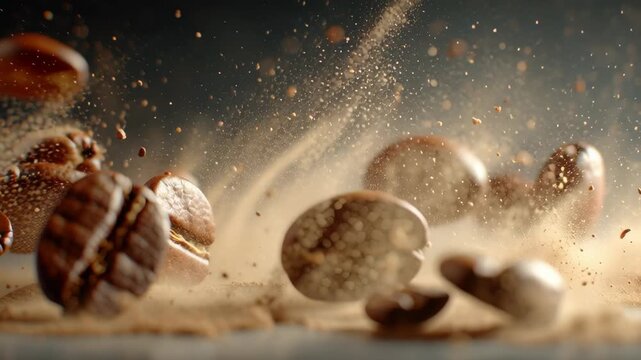 Fresh coffee beans captured in motion, illustrating the rich aroma and energy of freshly brewed coffee.
