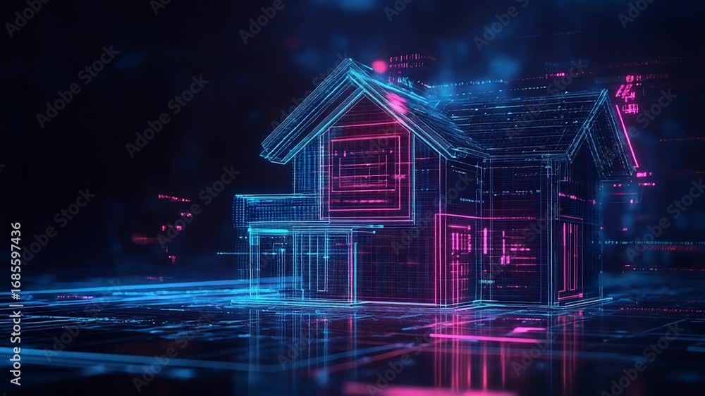 Poster futuristic wireframe house emerging from digital data stream