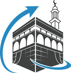 Vector art of stylized icon of the kaaba with a mosque minaret and a blue arrow indicating direction