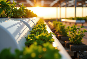 Woman tending to lush green plants in a greenhouse during sunset