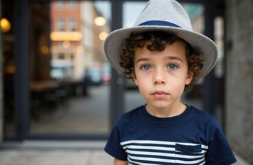 Young boy with curly hair and blue eyes wearing a hat and navy striped shirt standing outdoors in an urban setting