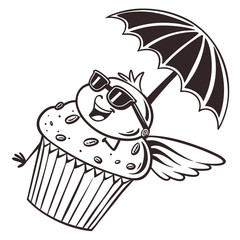 A cartoon cupcake character with sunglasses and an umbrella in a black and white drawing style image vector illustration
