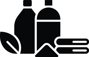 Stylized icon of natural skincare products with leaves and towels