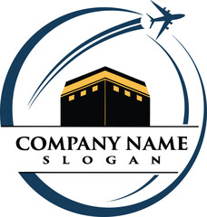 Vector art of company logo for hajj and umrah travel with kaaba and airplane in circle