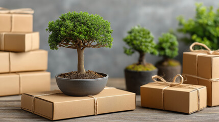 Decorative miniature trees on packages with a cozy backdrop for gifting moments