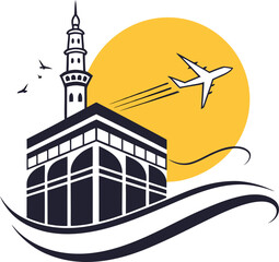 Vector art of islamic pilgrimage travel logo with kaaba, mosque, airplane and sun design