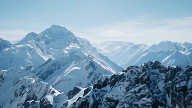 The image shows majestic mountain peaks covered with snow.  In the foreground, snow-covered mountain slopes with clear, sharp outlines are visible. Various peaks and ridges create a complex and dramat
