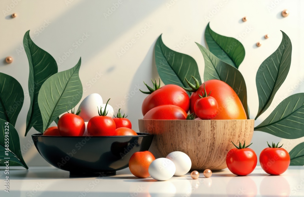 Aufkleber fresh tomatoes and eggs arranged in bowls with large green leaves in the background creating a natur