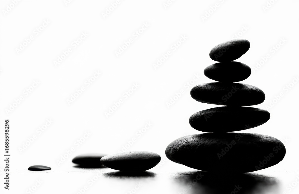Poster stacked smooth stones creating a balanced zen arrangement on a white background