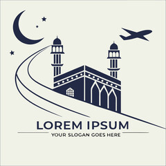 Vector art of mosque and airplane under a crescent moon and stars, vector logo