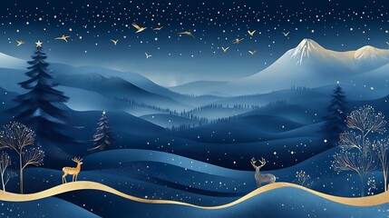 Scenic winter night landscape with mountains deer birds and glowing stars and golden accents
