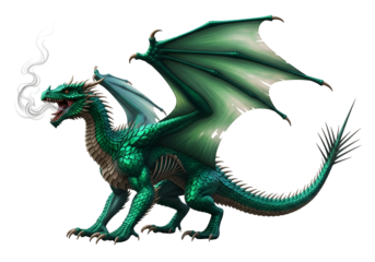 A magnificent emerald dragon, wings outstretched, exhales plumes of white smoke against a stark black background.