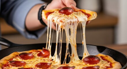 Delicious Pepperoni Pizza Slice with Mouthwatering Melted Cheese Pull