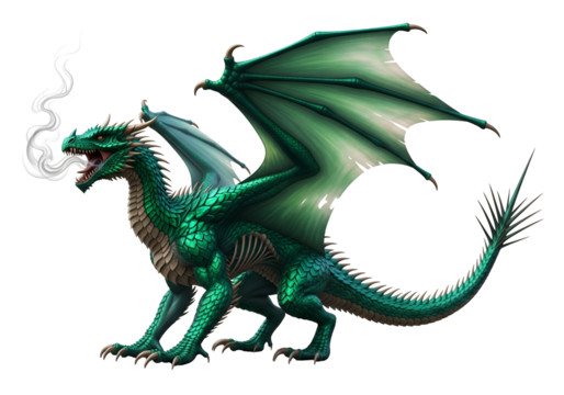 A magnificent emerald dragon, wings outstretched, exhales plumes of white smoke against a stark black background.