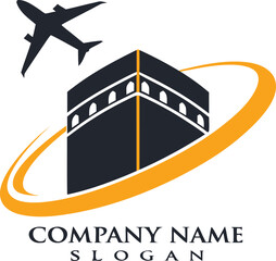 Vector art of airplane circling the kaaba, representing travel and islamic journey