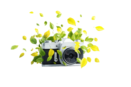 Retro camera surrounded by vibrant foliage