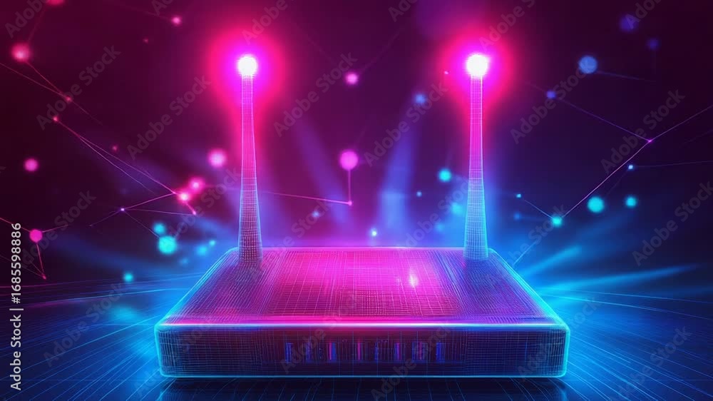 Poster futuristic wi fi router glowing with data transferring through network connections