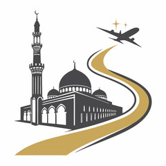 Vector art of islamic mosque with a minaret and dome, with a stylized road leading to an airplane in the sky