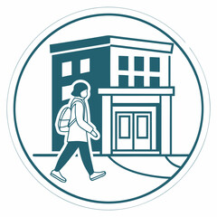 Vector art of student walking towards school building with backpack and mask