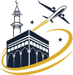 Vector art of airplane taking off from kaaba with minaret, symbolizing islamic pilgrimage travel