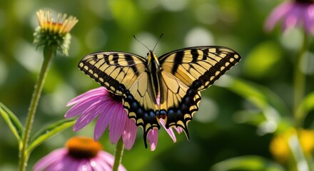 Naklejka premium Vibrant Eastern Tiger Swallowtail Butterfly on Purple Coneflower in Summer