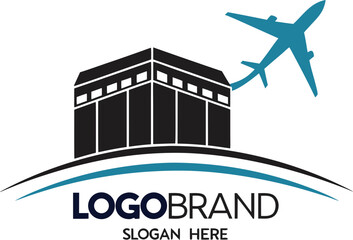 Vector art of islamic travel logo with kaaba and airplane, representing hajj and umrah journeys