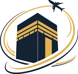 Vector art of kaaba icon with swirling lines and an airplane, representing islamic pilgrimage and travel