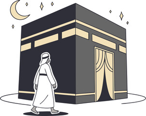 Vector art of man walking towards the kaaba under the night sky with crescent moon and stars