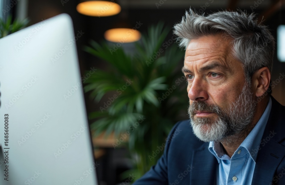 Poster man working on computer in modern office environment with greenery