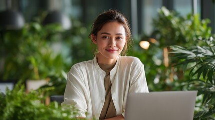 A young Asian woman smiles confidently while working on her laptop in a bright, modern office filled with lush green plants.