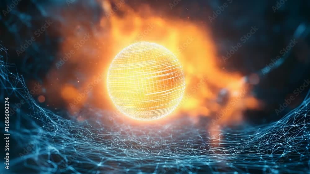 Poster burning digital sphere floating above futuristic network grid