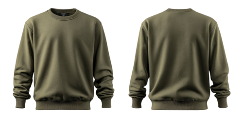 Front and back view of a plain olive green sweatshirt