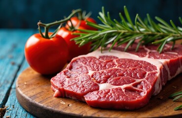 Fresh raw beef steak with cherry tomatoes and rosemary on a wooden cutting board