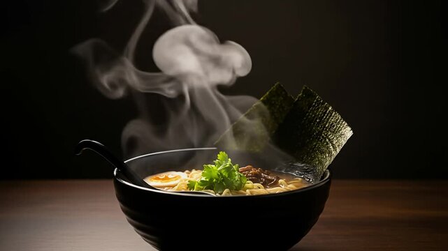 Steaming Delicious Japanese Ramen Bowl with Noodles and Egg