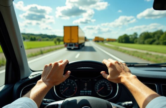Woman driving on highway with trucks in front and green landscape on the sides