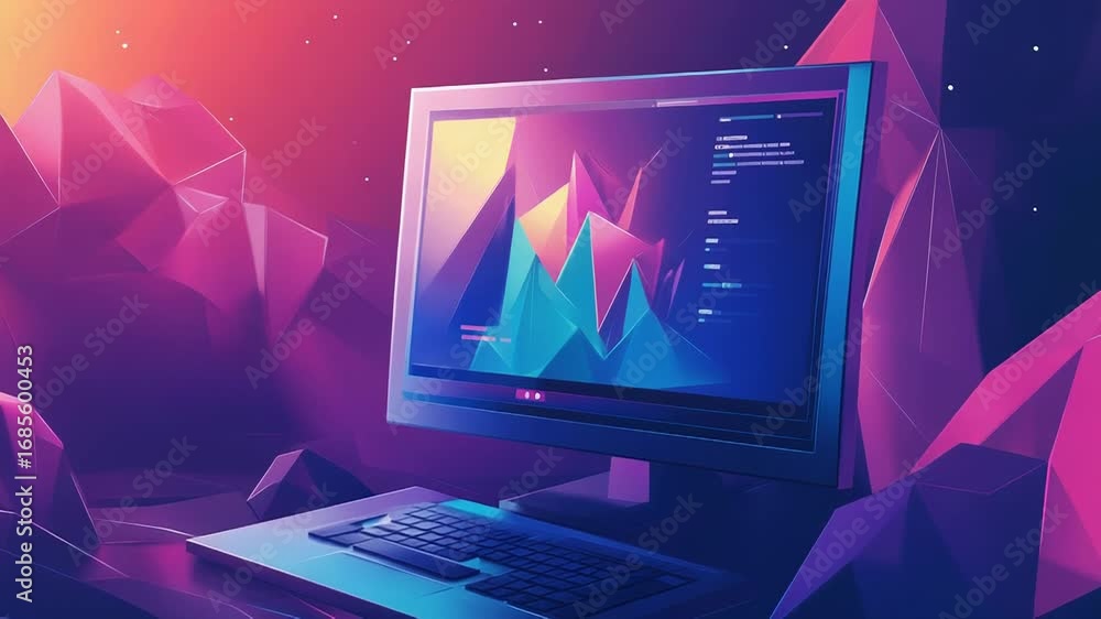 Poster computer showing charts and code in a colorful low poly landscape