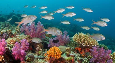 Fototapeta premium School of fish swimming over colorful coral reef in a clear ocean