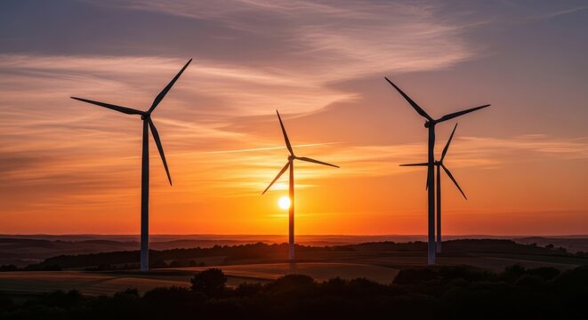 Beautiful Sunset Over Wind Turbine Farm Generating Renewable Energy