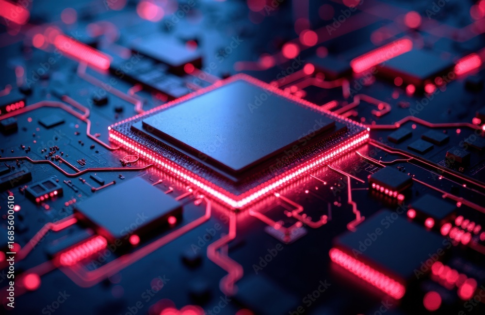 Aufkleber a close-up of a computer microchip with glowing red circuit lines on a dark background