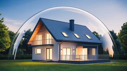 Modern house protected inside transparent glass dome symbolizing safety and home insurance security 
